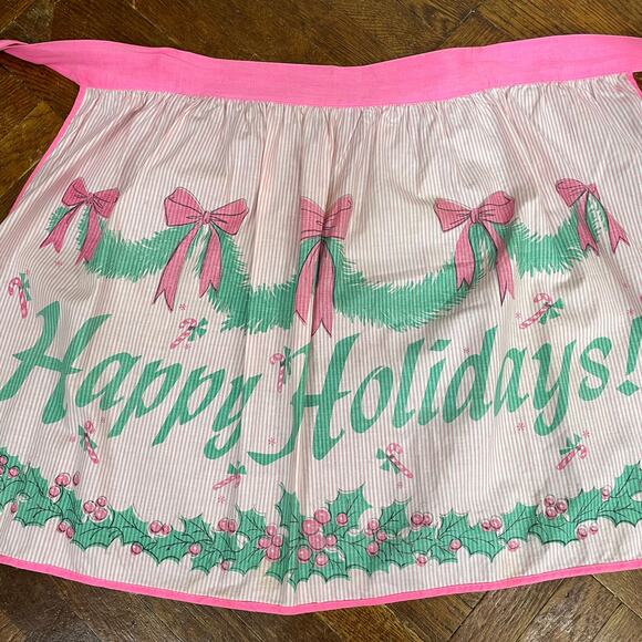 Vintage Pastel Christmas Apron, 1960s Neon Pink & Mint Green Half Apron - Picture 1 of 6